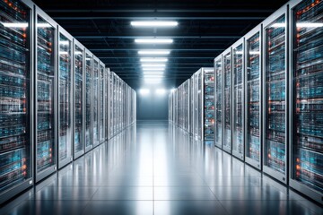 Advanced data center filled with high-capacity servers and cutting-edge technology highlighting digital infrastructure and modern computing excellence in a futuristic environment