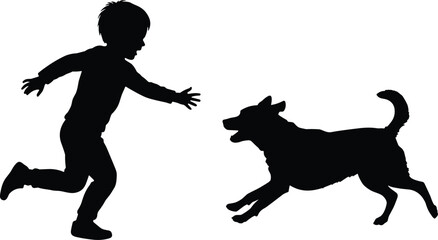 Child running to dog silhouette cartoon illustration, symbolic play and expressive gesture artwork for lifestyle and emotional storytelling design