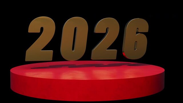 Golden 2026 Spinning on Red Platform &ndash; Glamorous New Year Animation, Transparent 4K Background