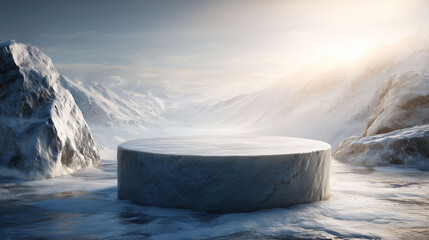 A large round ice platform sits amidst snowy mountains, with sunlight casting on the ice. The ice reflects light as the mountains stand in the background. Snow, ice, and mountains create a winter