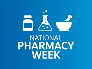 Celebrating national pharmacy week with iconic symbols of medicine and healthcare on a vibrant blue background