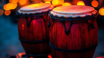 Two vibrant red drums, illuminated by warm outdoor lights.  Wooden bodies, dark rims, and taut skins