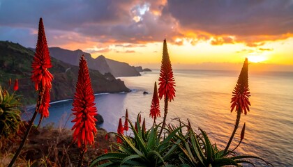 Dramatic coastal landscape features blooming red flowers and ocean vista