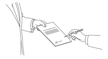 Line art illustration of a hand signing a business document.
