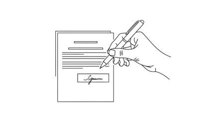 Hand signing a document with a pen, line art illustration.