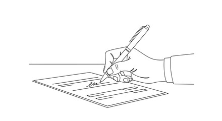 Minimalist line art of a hand signing a legal document with a pen.