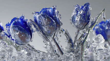 Blue glass tulips stand surrounded by glass droplets and glass stems. Glass petals shine in the light as droplets cling to their glass surface. Blue hues highlight the glass flowers.