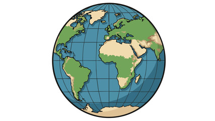 A colorful illustration of the Earth globe showing continents, oceans, and grid lines, representing our planet.