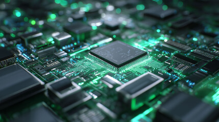 A central microchip sits on a circuit board surrounded by glowing circuit lines. Green light highlights the circuit's pathways, connecting the microchip with other components. Circuit elements spread