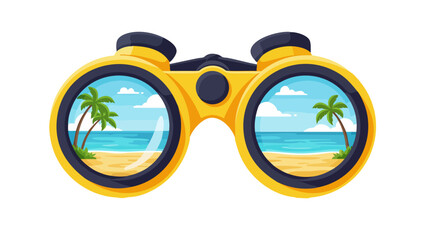 Binoculars reflecting a tropical beach scene with palm trees and ocean.