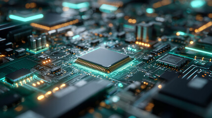 A central microchip sits on the circuit board with surrounding circuit pathways. Circuit elements connect the microchip to other components on the circuit board. The microchip and circuit stand