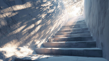 Shadows spread across stairs, with shadows casting intricate patterns. Light illuminates the stairs while shadows dance around. Steps lead upwards as shadows play alongside them.
