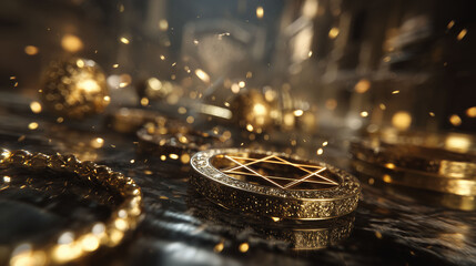 Golden symbols rest on a table, surrounded by golden sparks in motion. The golden table reflects light from the golden symbols. Decorative patterns enhance the golden artifacts.
