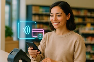 Mobile payment action retail store digital transaction indoor environment user-centric viewpoint modern banking concept