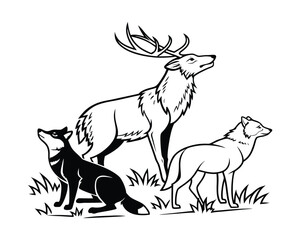 Wild forest animals line art illustration for coloring book