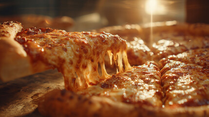 Pizza slices are pulled from a pizza, cheese stretching across slices. Melted cheese coats the toppings on the pizza. A hand holds the slice, showcasing pizza's texture.