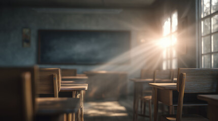 Sunlight beams through classroom windows, illuminating desks and empty chairs. Desks, blackboard, and windows create a sense of stillness. Wooden desks, wooden chairs, and sunlight blend.