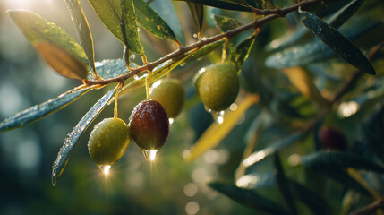 Water drops cling to olive fruits, olive leaves, and olive branches. Sunlight touches olive fruits, olive branches, and olive leaves. Green olives, ripe olives, and sunlight glimmer together.