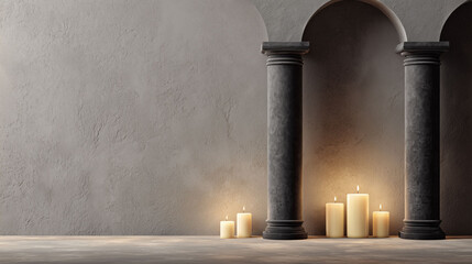 Candles illuminate the columns, casting soft light on the columns and floor. Shadows of the columns blend with the candles' glow on the columns. The wall behind the columns adds depth.