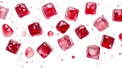 Overhead Composition of Ice Cubes in Cherry Soda with Droplets on Transparent Background