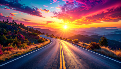 Winding road through majestic mountains at a vibrant sunset, a breathtaking journey into nature's heart, painted with fiery hues and boundless beauty