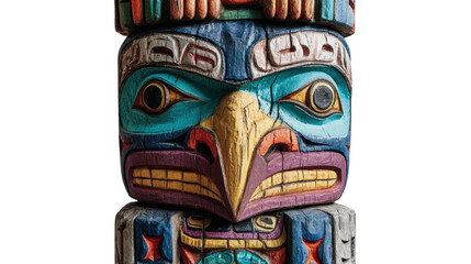 Fototapeta premium Colourful totem pole displaying carved animal figures with traditional tribal art patterns representing heritage culture and craftsmanship isolated on white background