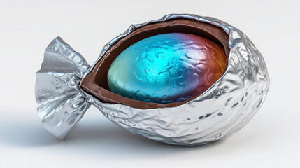 A shiny egg rests inside a silver wrapper, with the egg partially visible through the open wrapper. The wrapper reflects light onto the egg, highlighting its colors. Metallic textures of the wrapper