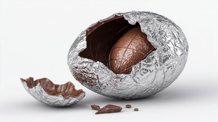 A chocolate egg is partially wrapped in foil, with the egg visible inside the wrapper. The foil around the egg is shiny, creating contrast with the chocolate egg. Pieces of the egg lie beside the