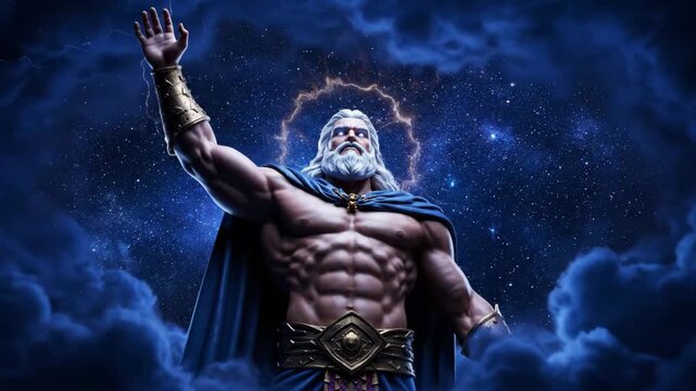Zeus God of Thunder Illustration - Digital illustration of a powerful, muscular Zeus raising his arm while summoning lightning bolts. Clouds and a starry sky form the epic backdrop for the scene.