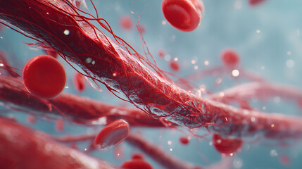 Blood cells move inside a blood vessel, where blood cells interact with the blood vessel. The blood vessel encases the blood cells as they travel within the vessel. Thread-like structures connect