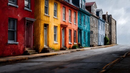 Fototapeta premium A row of brightly colored terraced houses on a sloped street under a cloudy sky showcasing vivid architecture and urban charm