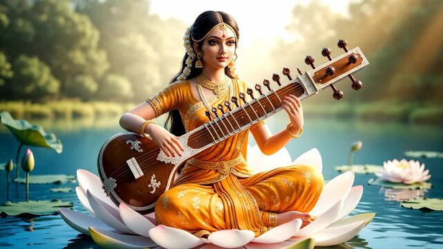 Serene Woman Playing Sitar on Water Lily Under Golden Light