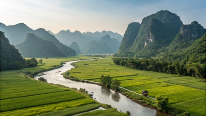 A breathtaking landscape featuring majestic mountain views, clear flowing rivers, and vibrant green rice fields. This serene natural scenery captures the peaceful beauty of rural life.0