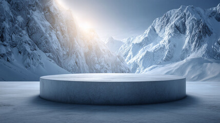 A circular platform sits on snowy ground surrounded by mountains. Sunlight illuminates the snowy mountains near the circular platform. Shadows stretch around the platform and the mountains.