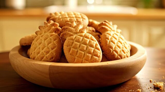 Pineapple-Shaped Cookies in Wooden Bowl - A close-up view of a wooden bowl filled with freshly baked cookies shaped like pineapples.