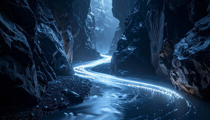 Mystical blue light river winds through a majestic, dark canyon, illuminating rugged rock walls with an ethereal glow in a serene night landscape