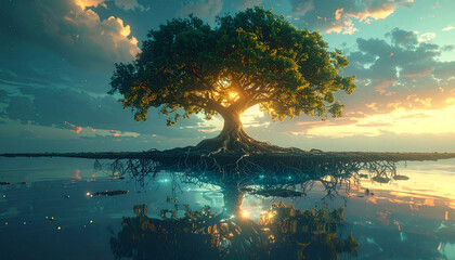 Luminous tree of life stands majestically in tranquil waters, its golden glow reflected under a vibrant, dramatic sky, symbolizing growth, serenity, and natural splendor