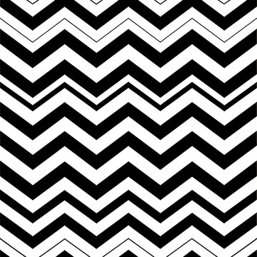 A bold, striking graphic features a repeating zig-zag pattern in stark black and white. This design creates a strong visual rhythm