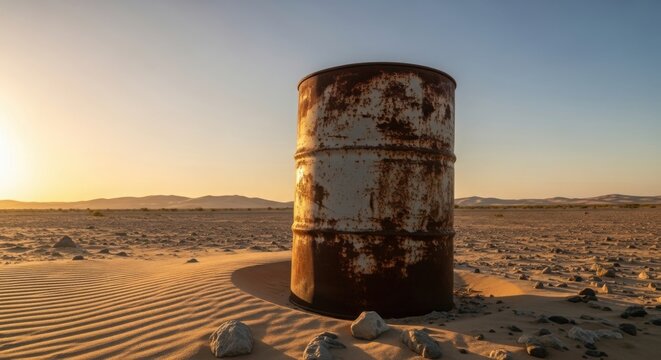 Rusty abandoned oil drum stands alone in a vast desert landscape at sunset