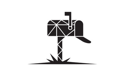 Modern geometric black mailbox with flag raised, standing tall on a post with sharp grass accents, evoking a clean, contemporary feel for home or business communication needs.