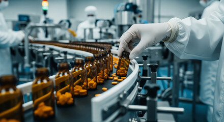 Worker inspecting pill bottles on a pharmaceutical assembly line
