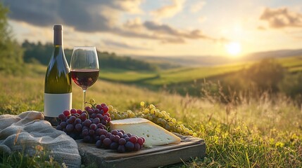 Wine and cheese picnic on a hill. Sunset over rural valley landscape