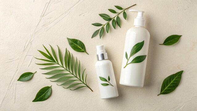 Natural Beauty Product Mockup &ndash; White Cosmetic Bottles with Green Leaves