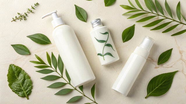 Natural Beauty Product Mockup &ndash; White Cosmetic Bottles with Green Leaves