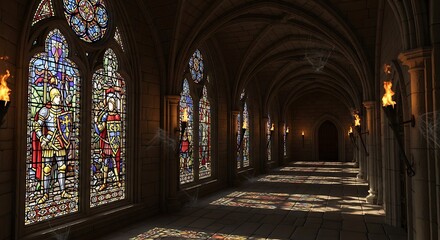 Obraz premium Ancient Gothic Hallway Illuminated by Stained Glass and Fiery Torches.