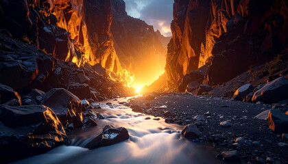 Dramatic Golden Light Bathes a Serene River Flowing Through a Majestic Canyon at Sunset, Illuminating Rugged Cliffs and Tranquil Waters in a Breathtaking Natural Landscape