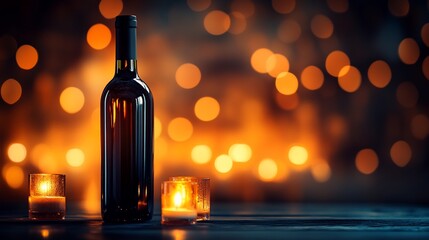 Wine bottle and candles against a bokeh background