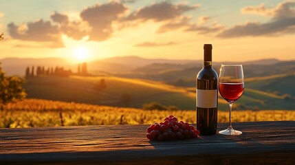 Wine bottle, glass, grapes on wooden table with vineyard and sunset backdrop