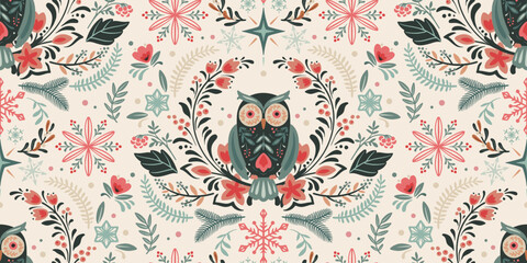 Vector Christmas seamless pattern with hand drawn Scandinavian folk ornament, animals, owl, decorations. Vector endless background of new year symbols in modern graphic style