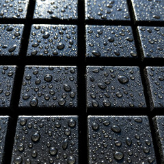 Close-up abstract view of water droplets on a textured grid surface